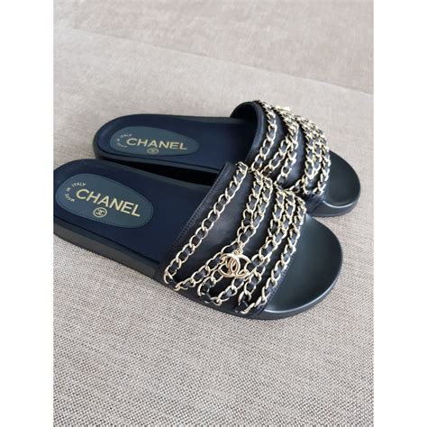 chanel chain slides black|Chanel black leather slides.